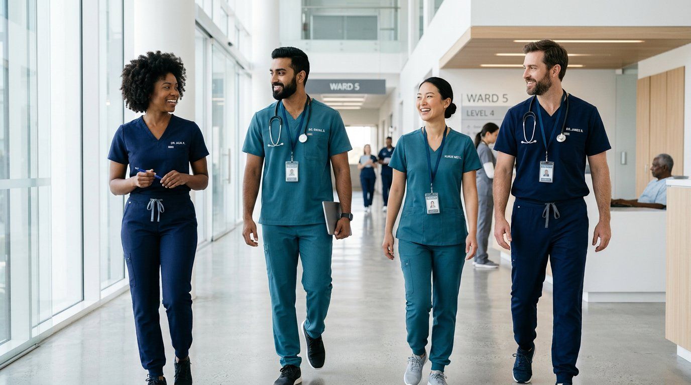 Healthcare professionals wearing LEINYS uniforms
